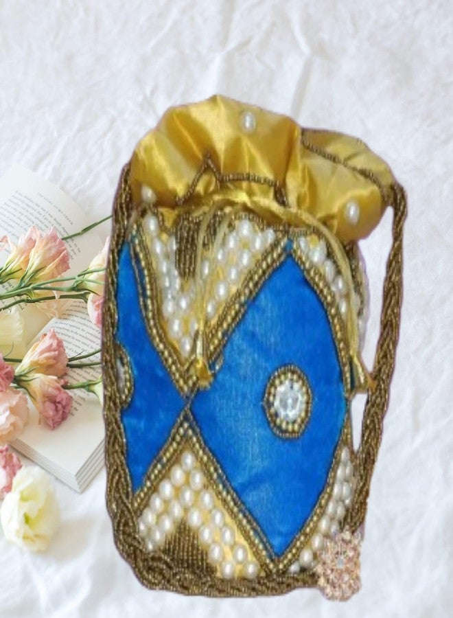 VINNIE Women's Blue Velvet Embroidered Potli Bag with Mirror & Bead Work - Traditional Wedding and Party Purse (Blue) - Image 2