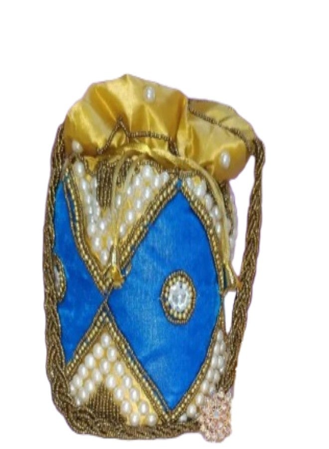 VINNIE Women's Blue Velvet Embroidered Potli Bag with Mirror & Bead Work - Traditional Wedding and Party Purse (Blue) - Image 1