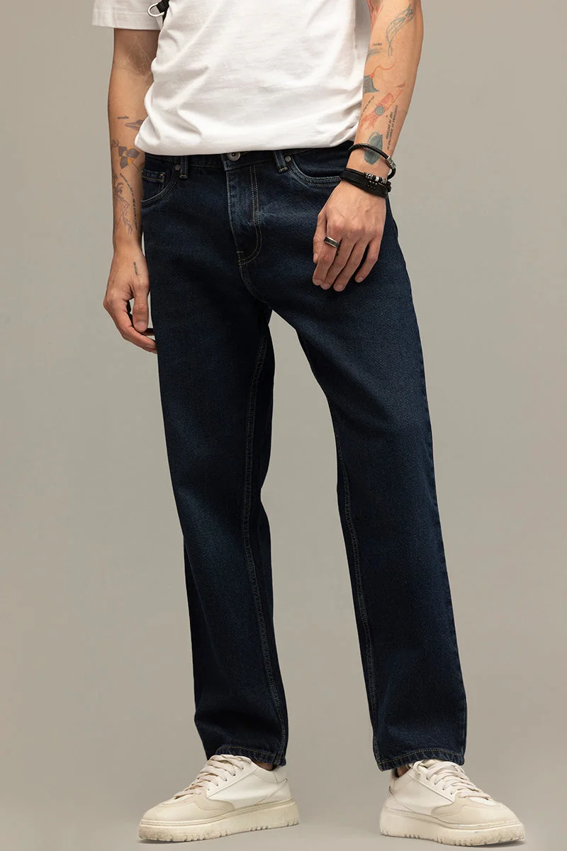 سنيتش Deep Midnight Navy Blue Solid Relaxed Casual Jeans