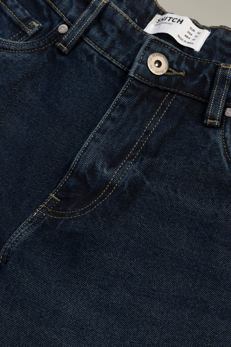سنيتش Deep Midnight Navy Blue Solid Relaxed Casual Jeans