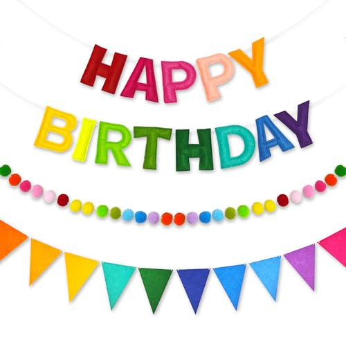 CANREVEL PreStrung 3D Rainbow Happy Birthday Banner 3 PCS Happy Birthday Felt Sign Pom Pom Garland Triangle Fabric Bunting Colorful Reusable Birthday Decorations for Women Men Girls Boys Multi - Image 1