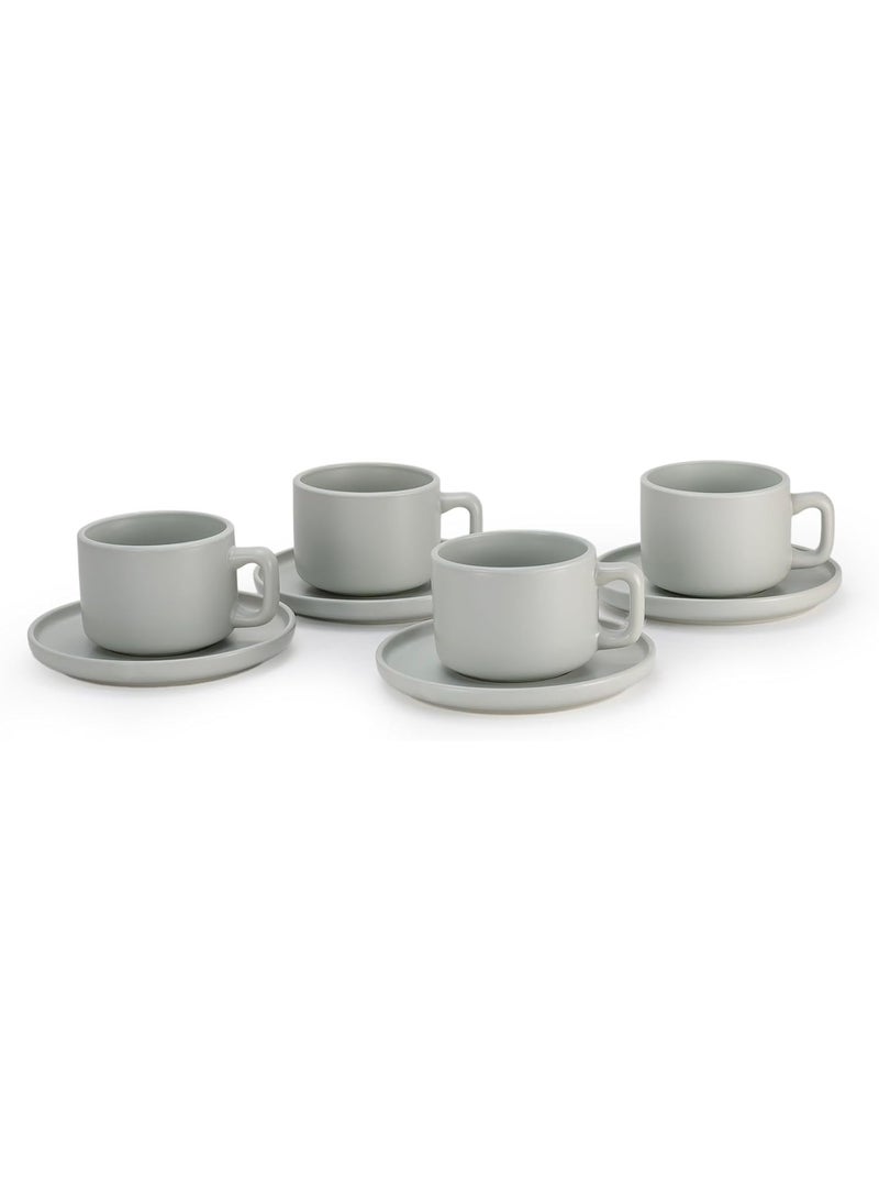 Shallow Stoneware OSLO 8-Piece Tea Cup & Saucer Set-250ml - Serves 4,  Includes 4 x 250ml Tea Cups, 4 x Matching Saucers, Elegant Green Nordic Style Ceramic Crockery - Image 1
