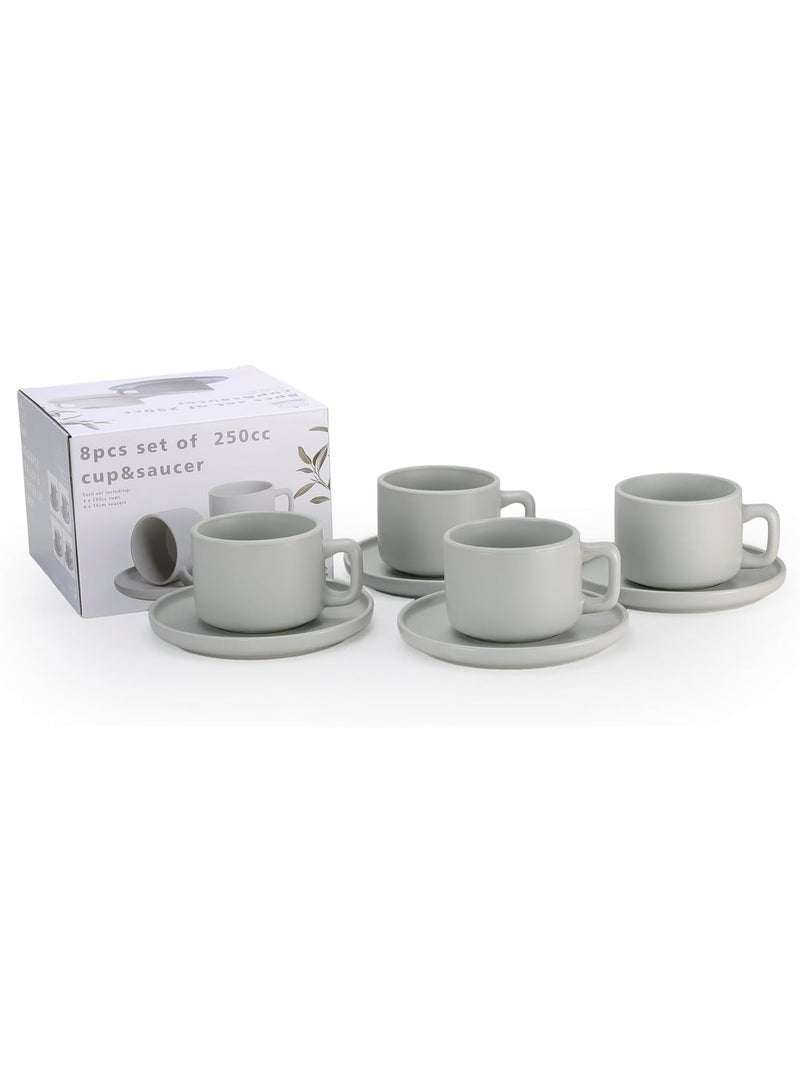 Shallow Stoneware OSLO 8-Piece Tea Cup & Saucer Set-250ml - Serves 4,  Includes 4 x 250ml Tea Cups, 4 x Matching Saucers, Elegant Green Nordic Style Ceramic Crockery - Image 3