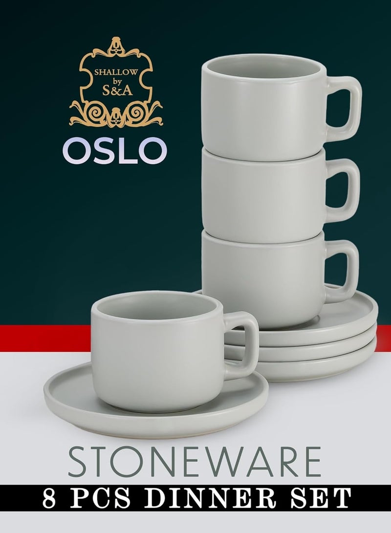 Shallow Stoneware OSLO 8-Piece Tea Cup & Saucer Set-250ml - Serves 4,  Includes 4 x 250ml Tea Cups, 4 x Matching Saucers, Elegant Green Nordic Style Ceramic Crockery - Image 2