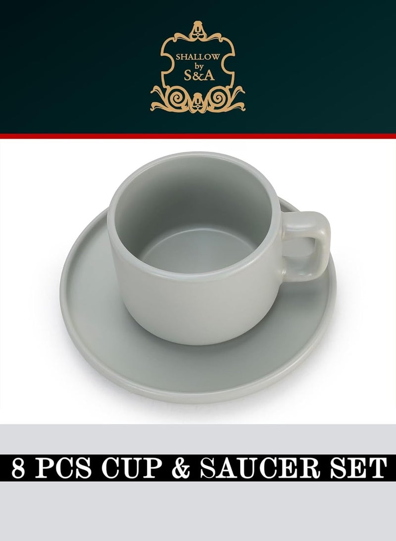 Shallow Stoneware OSLO 8-Piece Tea Cup & Saucer Set-250ml - Serves 4,  Includes 4 x 250ml Tea Cups, 4 x Matching Saucers, Elegant Green Nordic Style Ceramic Crockery - Image 4