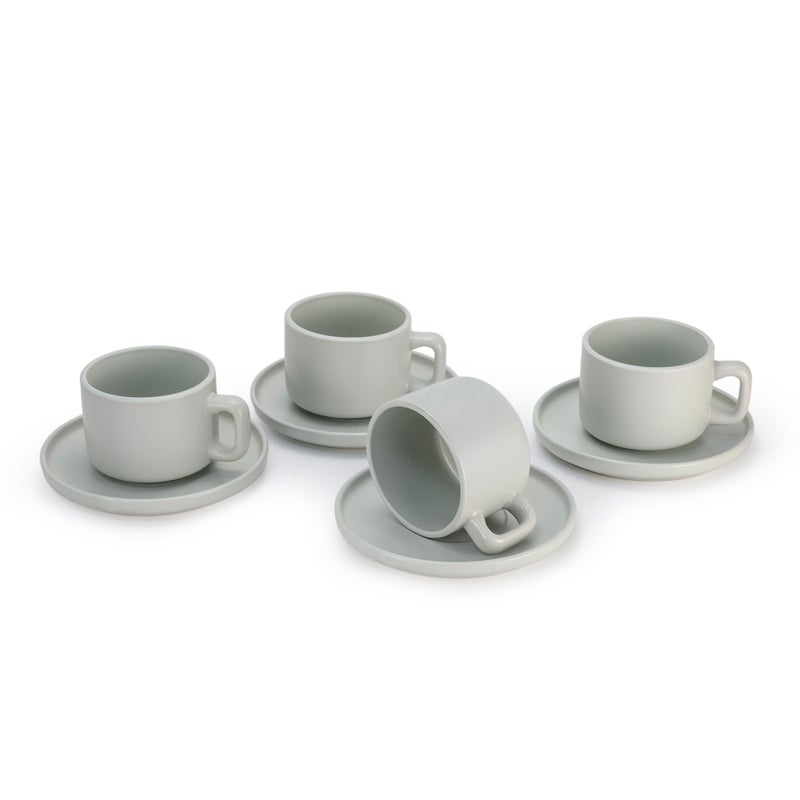 Shallow Stoneware OSLO 8-Piece Tea Cup & Saucer Set-250ml - Serves 4,  Includes 4 x 250ml Tea Cups, 4 x Matching Saucers, Elegant Green Nordic Style Ceramic Crockery - Image 5