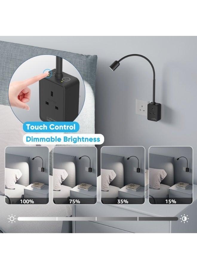 PRINCEWAY Plug In LED Reading Light, Dimmable Black Flexible Bedside Wall Lamp with Power Plug and Outlet, Two Touch Switches, 3 Lighting Color Modes, 50° Beam Angle, USB Output Charging Ports - Image 3