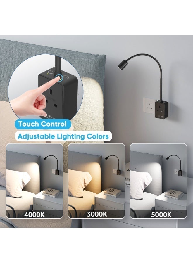 PRINCEWAY Plug In LED Reading Light, Dimmable Black Flexible Bedside Wall Lamp with Power Plug and Outlet, Two Touch Switches, 3 Lighting Color Modes, 50° Beam Angle, USB Output Charging Ports - Image 4