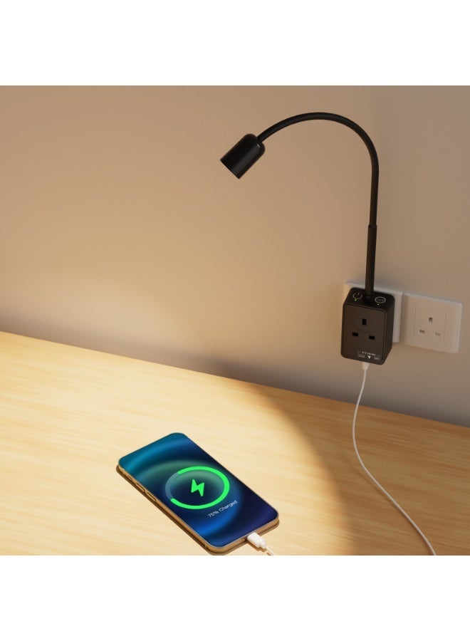 PRINCEWAY Plug In LED Reading Light, Dimmable Black Flexible Bedside Wall Lamp with Power Plug and Outlet, Two Touch Switches, 3 Lighting Color Modes, 50° Beam Angle, USB Output Charging Ports - Image 1