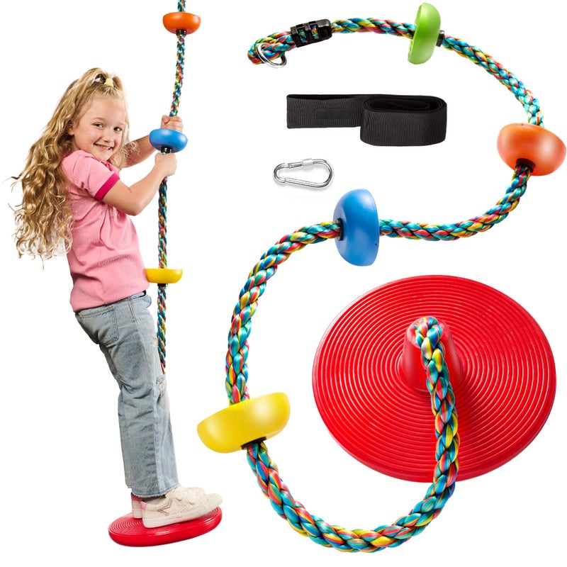 Jungle Gym Kingdom Tree Swing for Kids Single Disc Seat and Rainbow Climbing Rope Set wCarabiner and 4 Foot Strap Treehouse and Outdoor Playground Accessories Red