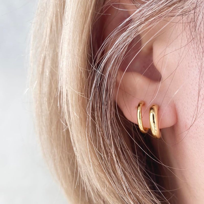 Obidos 14K Gold Plated Double Huggie Hoop Earrings for One Hole | Illusion Stud Earrings for Women - Image 3