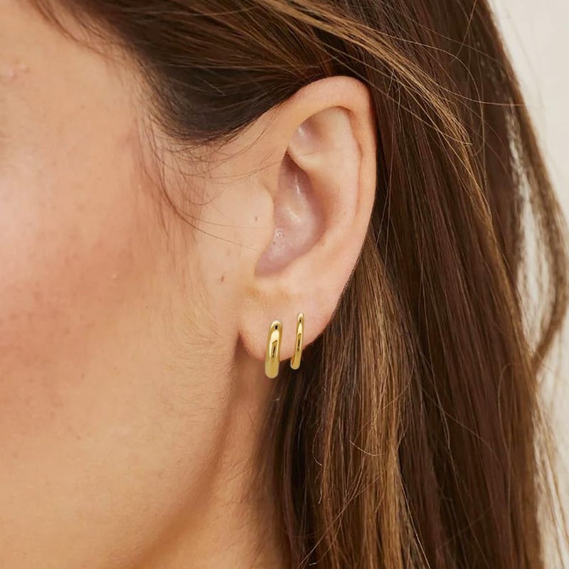 Obidos 14K Gold Plated Double Huggie Hoop Earrings for One Hole | Illusion Stud Earrings for Women - Image 2