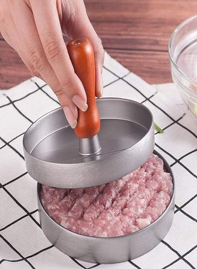 PRARAMBH Hamburger Patty Maker Mould - Heavy Duty Aluminum Burger Press with Wooden Handle, Round Tikki Maker for Perfect Burgers, Kitchen Tool for Home & Restaurant Use - Image 3