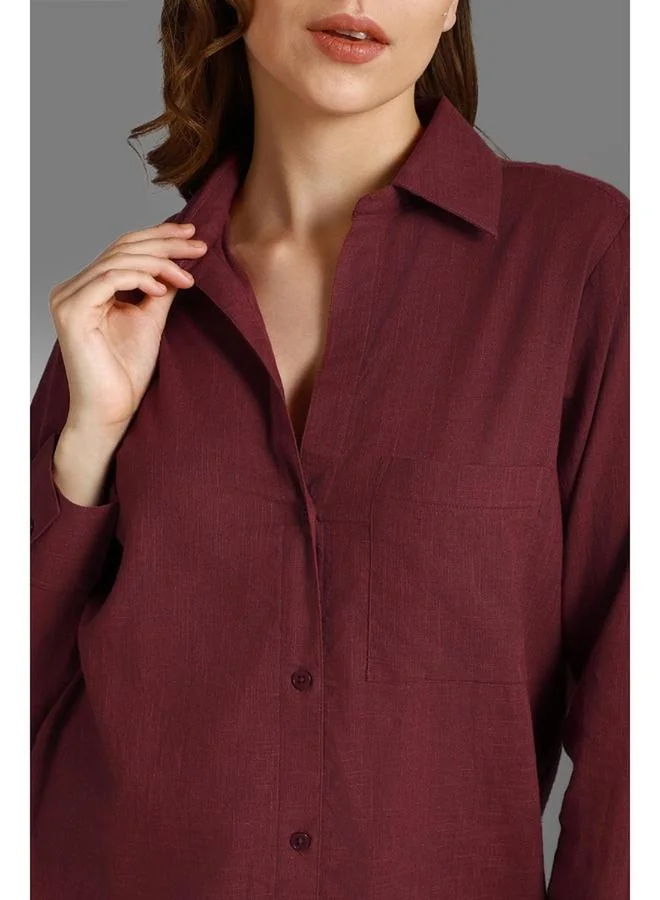 HIGH STAR Women'S Wine 100% Cotton Solid Pattern Button Down Shirt