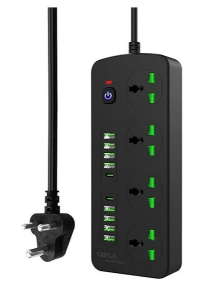 BGM Gizga Essentials Power Extension Board 8 USB 4.2A Ports, 2 PD 20W Ports, 4 Universal Thermal Trip Electrical Multi Plug Sockets, Surge Protection, Spike Guard, 3000W 16A, Flame Proof, 2m Cord Length  - Image 1