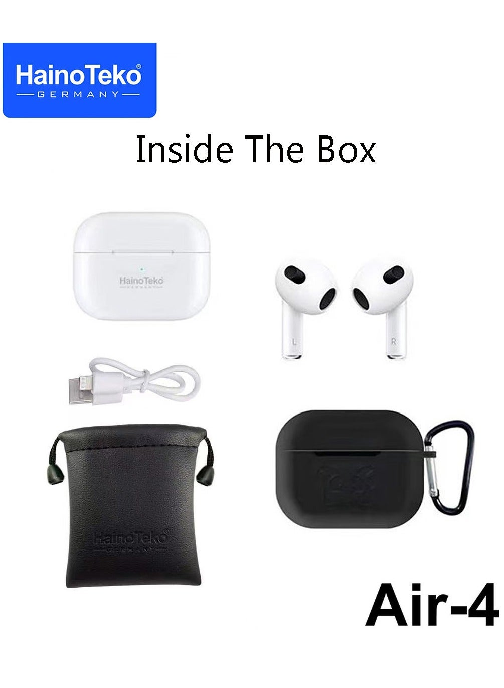 Haino Teko Germany Air4 Wireless Bluetooth Earphone With High Bass Sound Quality and Multifunctional Touch Control Compatible With iPhones White
