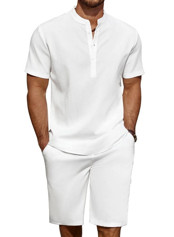 COOFANDY Men's 2 Pieces Linen Set Casual Henley Shirts Short Sleeve Beach Yoga Shorts Summer Outfits, 01-White, L - Image 1
