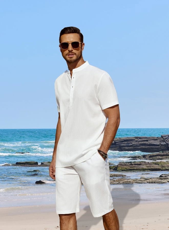 COOFANDY Men's 2 Pieces Linen Set Casual Henley Shirts Short Sleeve Beach Yoga Shorts Summer Outfits, 01-White, L - Image 2