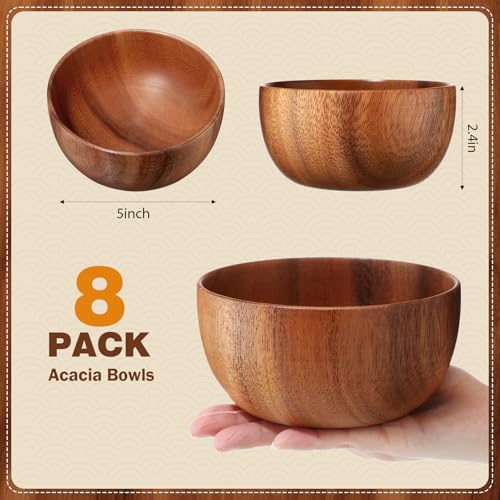 Skylety 5in 8pcs Acacia Wooden Bowls Small Calabash Bowls Round Wood Salad Hand Carved Calabash Dip Tray for Serving Popcorn Pasta Candy Cereal Coconut Nuts Sauce Appetizers Kitchen - Image 3