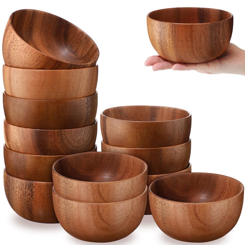 Skylety 5in 8pcs Acacia Wooden Bowls Small Calabash Bowls Round Wood Salad Hand Carved Calabash Dip Tray for Serving Popcorn Pasta Candy Cereal Coconut Nuts Sauce Appetizers Kitchen - Image 2
