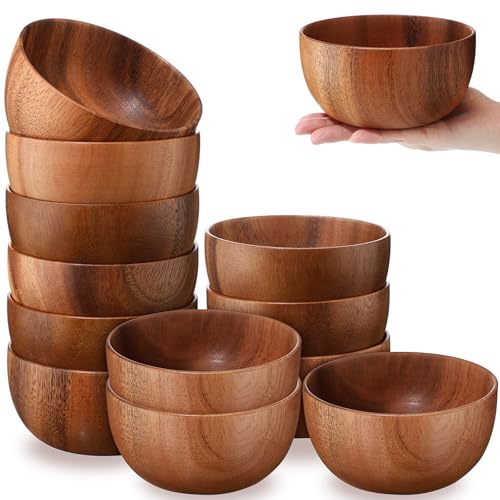 Skylety 5in 8pcs Acacia Wooden Bowls Small Calabash Bowls Round Wood Salad Hand Carved Calabash Dip Tray for Serving Popcorn Pasta Candy Cereal Coconut Nuts Sauce Appetizers Kitchen - Image 1