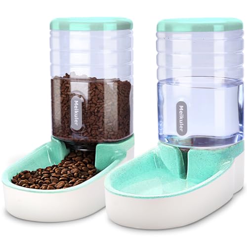 Meikuler Automatic Dog Cat Feeder and Water Dispenser SetWaterer and Gravity Food Feeder for Small Medium Dogs Cats PuppiesLarge Capacity 1 Gallon x 2 Green