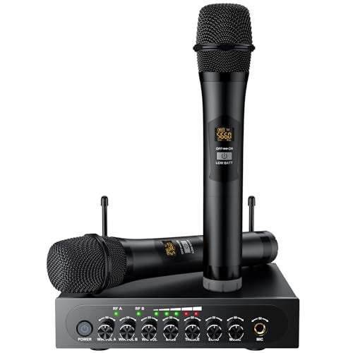 PROZOR UHF Wireless Microphone with Volume Treble Bass Echo Control, Wireless Rechargeable Mic Dual Handheld Dynamic Mic System (Bluetooth UHF Base Station – Echo/Treble/Bass Control) - Image 1