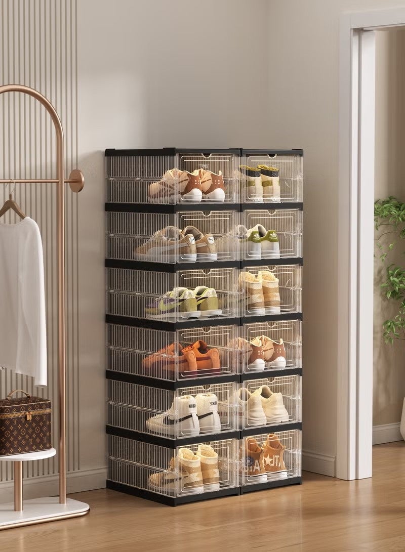 BaytEasy 6-Tier Shoe Storage Organizer- Transparent Black, Installation-Free Foldable Shoe Rack, Stackable Portable Shoe Box Set - Image 4