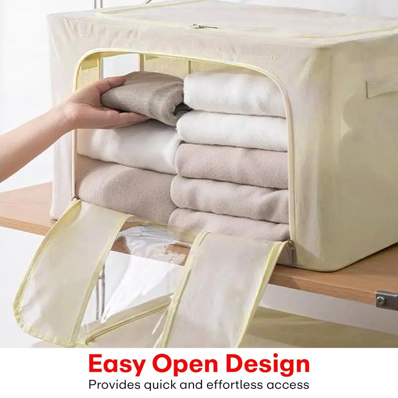 PRIME PICK Storage Box Cloth Organiser Pack of 3 XXL clothes organizer Cotton Jute Wardrobe Organizer for Storage Foldable Washable Box with Lid Metal Frame Handles Ideal for Almirah Drawer etc - Image 5
