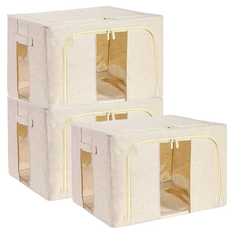 PRIME PICK Storage Box Cloth Organiser Pack of 3 XXL clothes organizer Cotton Jute Wardrobe Organizer for Storage Foldable Washable Box with Lid Metal Frame Handles Ideal for Almirah Drawer etc - Image 1
