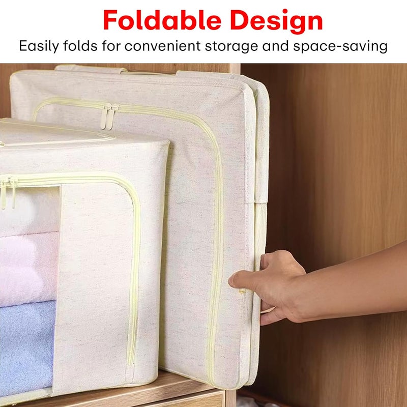 PRIME PICK Storage Box Cloth Organiser Pack of 3 XXL clothes organizer Cotton Jute Wardrobe Organizer for Storage Foldable Washable Box with Lid Metal Frame Handles Ideal for Almirah Drawer etc - Image 3