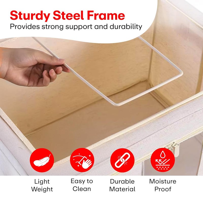 PRIME PICK Storage Box Cloth Organiser Pack of 3 XXL clothes organizer Cotton Jute Wardrobe Organizer for Storage Foldable Washable Box with Lid Metal Frame Handles Ideal for Almirah Drawer etc - Image 4