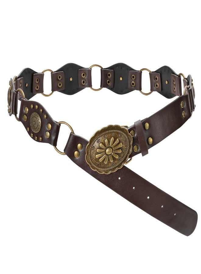 LEACOOLKEY Western Concho Rivet Belt for Women Vintage Leather Belt Western Waist Belt for Skirts Jeans - Image 1