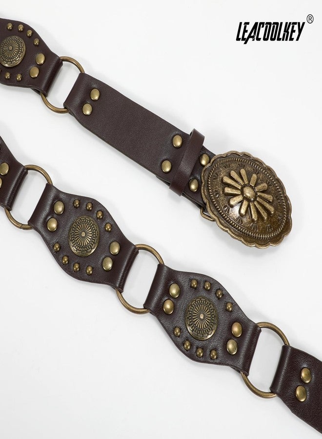 LEACOOLKEY Western Concho Rivet Belt for Women Vintage Leather Belt Western Waist Belt for Skirts Jeans - Image 3
