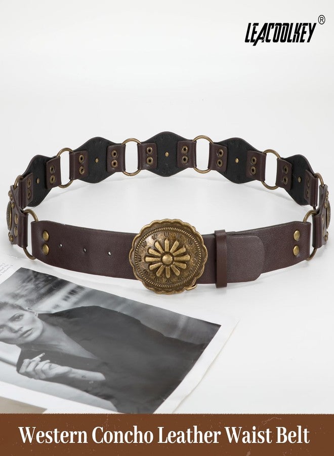 LEACOOLKEY Western Concho Rivet Belt for Women Vintage Leather Belt Western Waist Belt for Skirts Jeans - Image 5