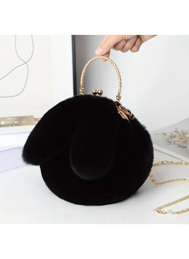 Executive LLC Cute Soft Rabbit Ear Sling Hand Bag With Smooth Zipper,Cross Body Bag For Girls,Clutch Purse with Gold Metal Chain Strap, Plush Side Bag, Shoulder hand Purse(Black)  - Image 1