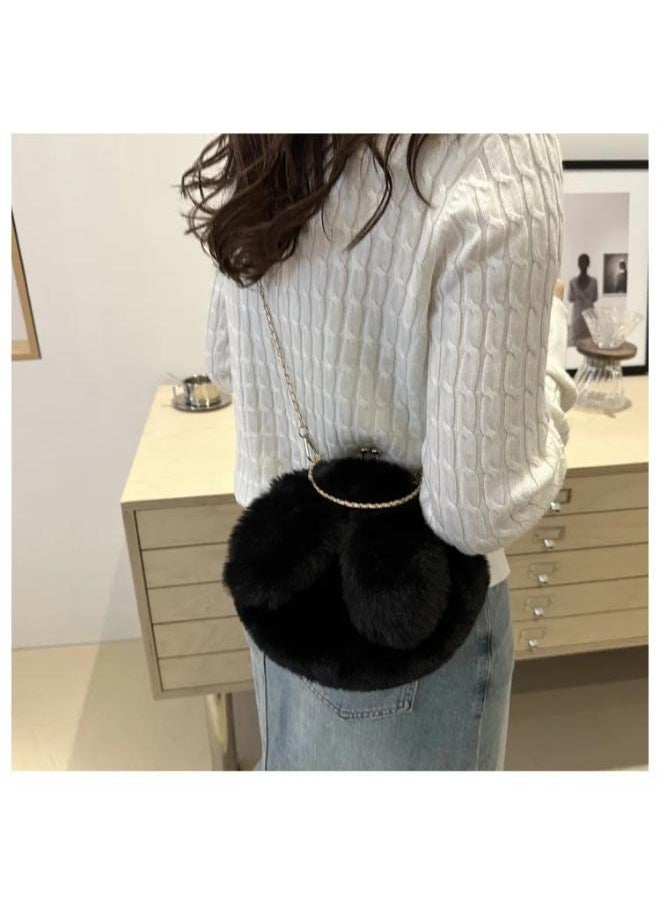 Executive LLC Cute Soft Rabbit Ear Sling Hand Bag With Smooth Zipper,Cross Body Bag For Girls,Clutch Purse with Gold Metal Chain Strap, Plush Side Bag, Shoulder hand Purse(Black)  - Image 2