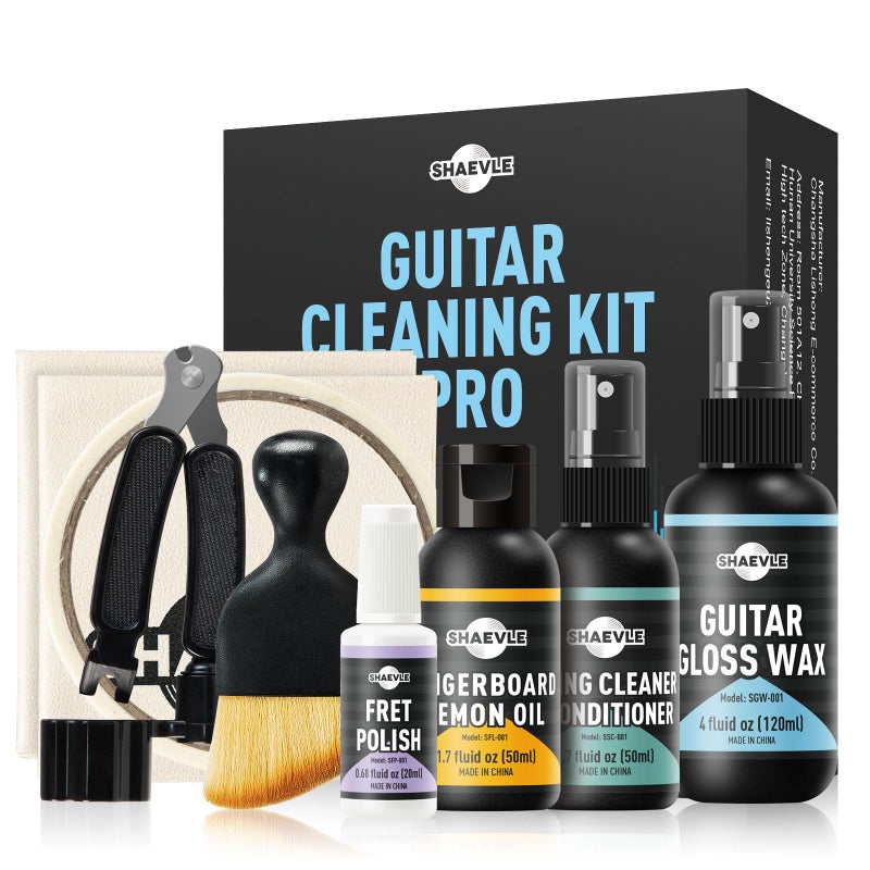 SHAEVLE Guitar Cleaning Kit: Guitar Gloss Wax, Fingerboard Lemon Oil, String Cleaner Oil, Fret Polish, Guitar String Winder, Cleaning Brush, Cleaning Cloth, Tape, Extends Fretboard and String Life - Image 1