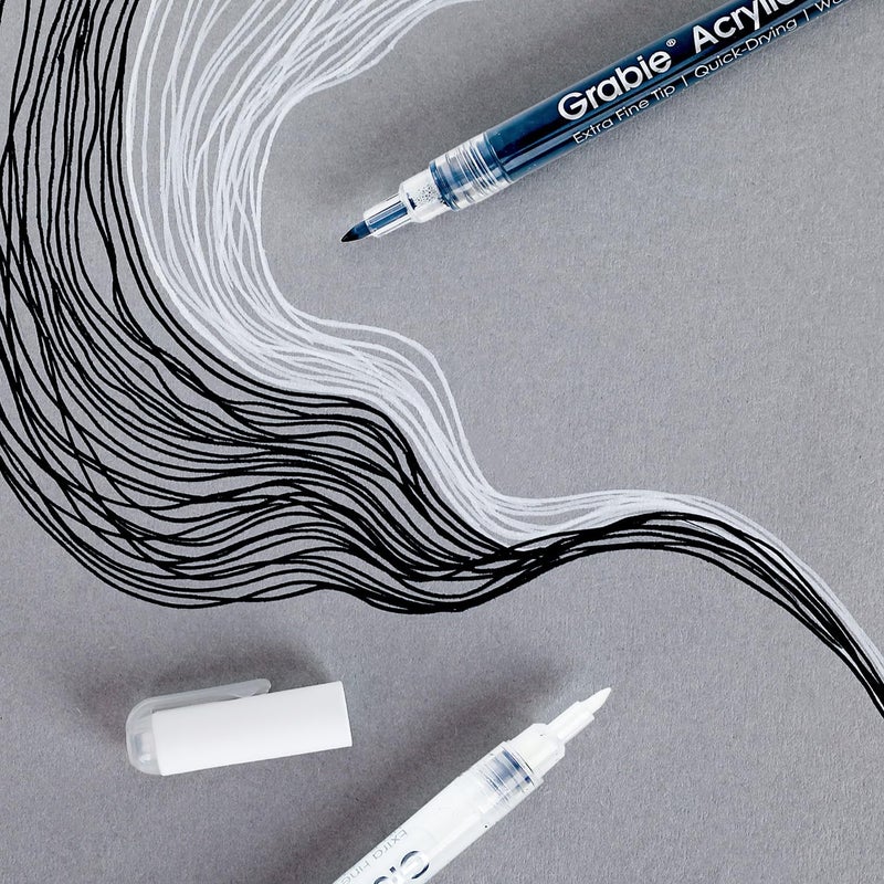 Grabie Black & White Extra Fine Tip Acrylic Paint Marker Set, 6 Pack, 0.7mm Acrylic Paint Pens for Highlights and Fine Details on Drawings, Rock Painting Glass Canvas Wood, White Highlight Markers - Image 4