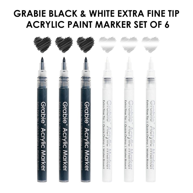 Grabie Black & White Extra Fine Tip Acrylic Paint Marker Set, 6 Pack, 0.7mm Acrylic Paint Pens for Highlights and Fine Details on Drawings, Rock Painting Glass Canvas Wood, White Highlight Markers - Image 2