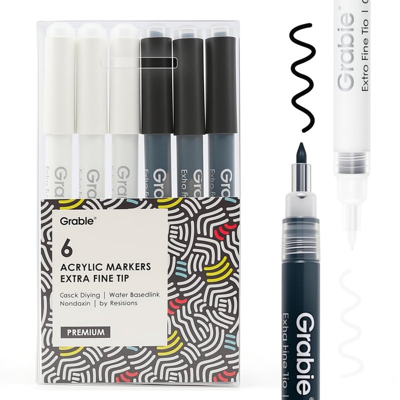 Grabie Black & White Extra Fine Tip Acrylic Paint Marker Set, 6 Pack, 0.7mm Acrylic Paint Pens for Highlights and Fine Details on Drawings, Rock Painting Glass Canvas Wood, White Highlight Markers - Image 1