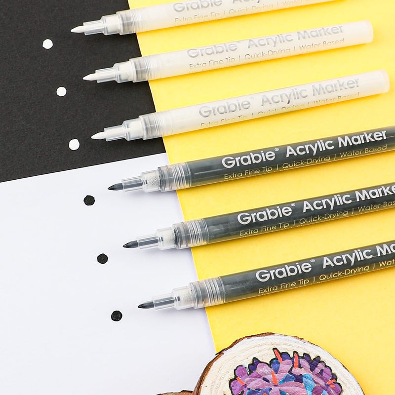 Grabie Black & White Extra Fine Tip Acrylic Paint Marker Set, 6 Pack, 0.7mm Acrylic Paint Pens for Highlights and Fine Details on Drawings, Rock Painting Glass Canvas Wood, White Highlight Markers - Image 5