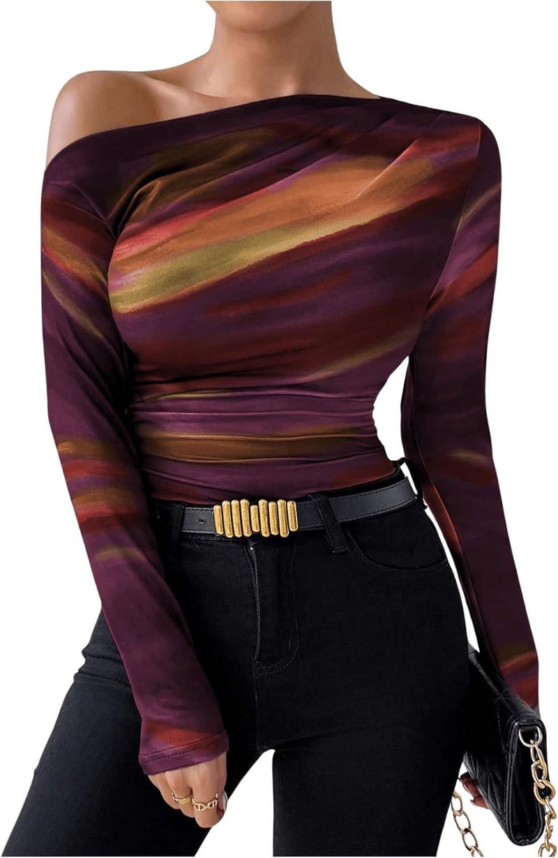 2024 Fashion Tie-Dye Printing Asymmetric Ruffled Long Sleeve T-Shirt - Image 1