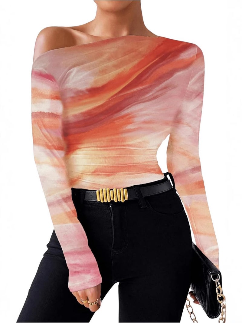 2024 Fashion Tie-Dye Printing Asymmetric Ruffled Long Sleeve T-Shirt - Image 5