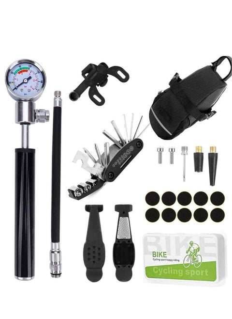 Bike Tire Repair Kit,Bicycle Tire Patch Puncture Repair Fix Tools With16 in 1 Multi-Function Tool, 210 PSI Gauge Pump and Bicycle Saddle Work Bag