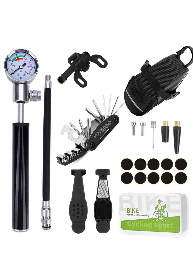 Generic - Bike Tire Repair Kit,Bicycle Tire Patch Puncture Repair Fix Tools With16 in 1 Multi-Function Tool, 210 PSI Gauge Pump and Bicycle Saddle Work Bag - Image 1
