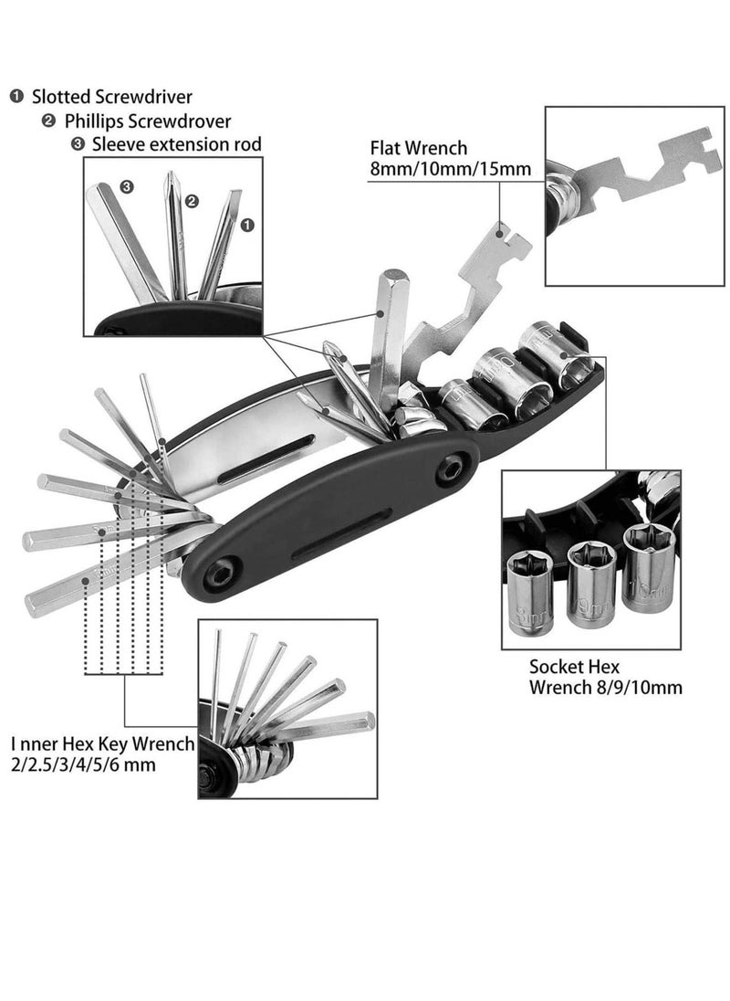 Generic - Bike Tire Repair Kit,Bicycle Tire Patch Puncture Repair Fix Tools With16 in 1 Multi-Function Tool, 210 PSI Gauge Pump and Bicycle Saddle Work Bag - Image 1