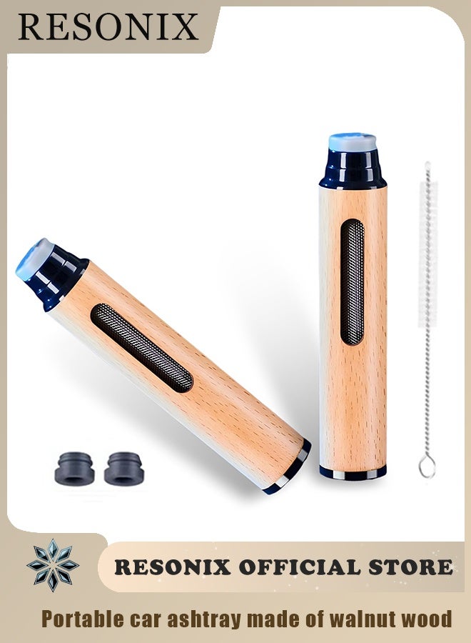 RESONIX Portable Car Ashtray with Walnut Wood Cover – Mini Fireproof Aluminum Pocket Ashtray with Storage Bag & Cleaning Brush, Travel Ash Holder for Car, Outdoor & Indoor Smoking Use - Image 1