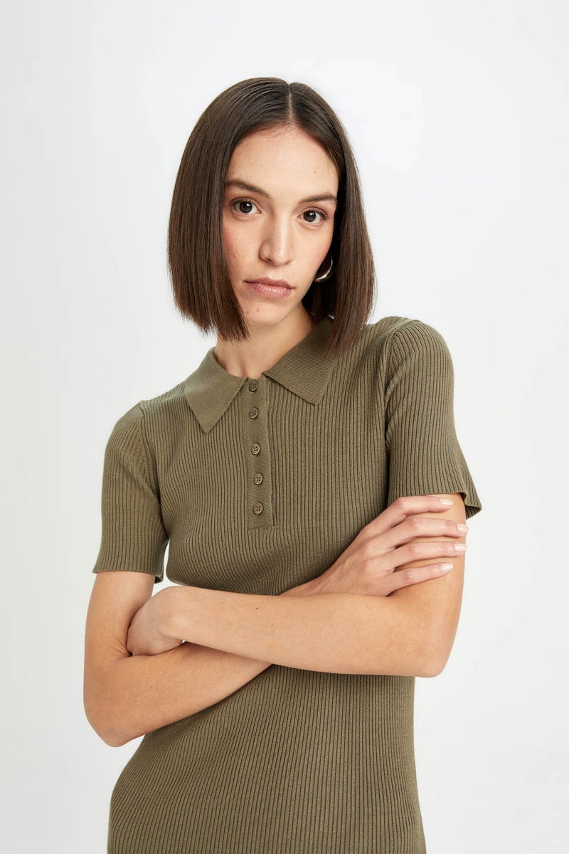 DeFacto Woman Fitted Body Fitting Polo Neck Basic Short Sleeve Mini Dress  - Image 5