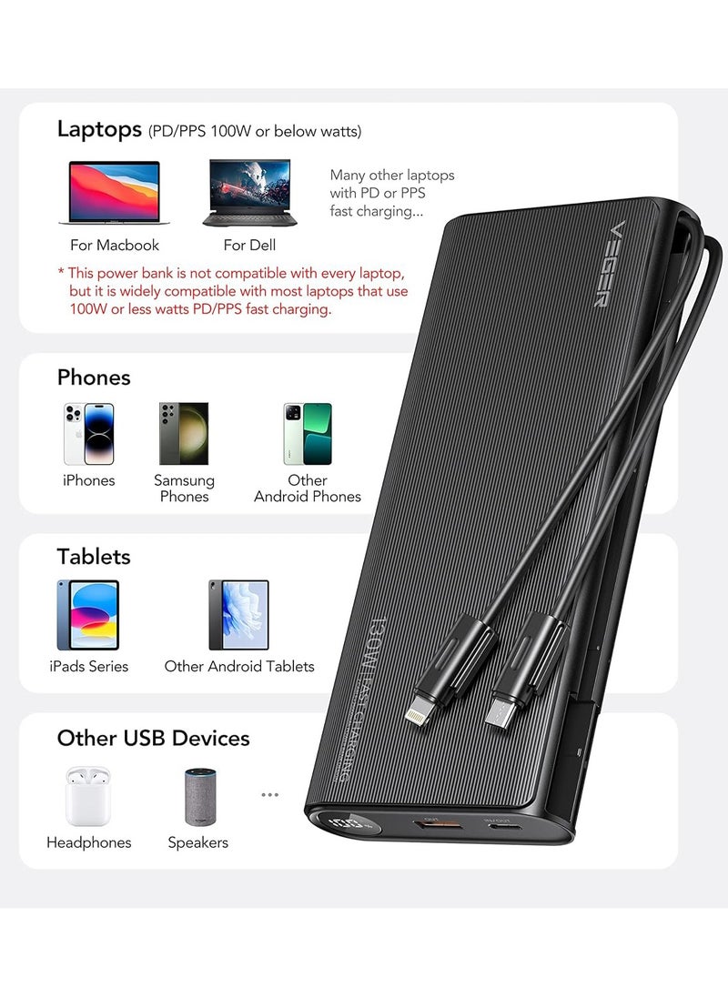 VEGER - VEGER 25000mAh Portable Laptop Power Bank Charger with Built-in Cables, Fast Charging Battery Pack (Total 130W) For MacBook / Dell / XPS / iPad / iPhone / Samsung & More - Image 1